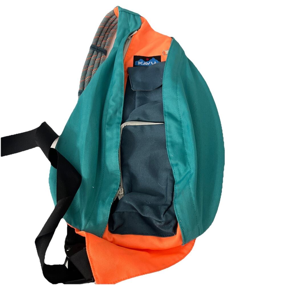 Kavu Rope Sling Bag Crossbody Pack Teal Orange Color Block 5 Pocket Hike Camp